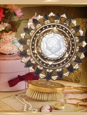 White Pearly Rose  Impression in Gold Vintage Brooch Upcycled Creation